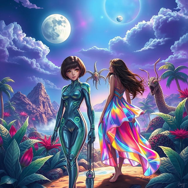 A vibrant and lush science fiction landscape set on a tropical island, featuring two human girls