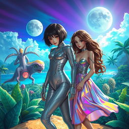 A vibrant and lush science fiction landscape set on a tropical island, featuring two human girls