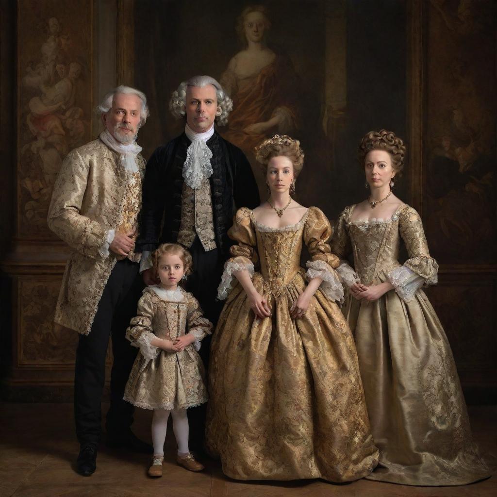 A family portrait in Baroque style, filled with detail and drama. The family, dressed in period attire, are posed and lit in a theatrical manner common to Baroque paintings.