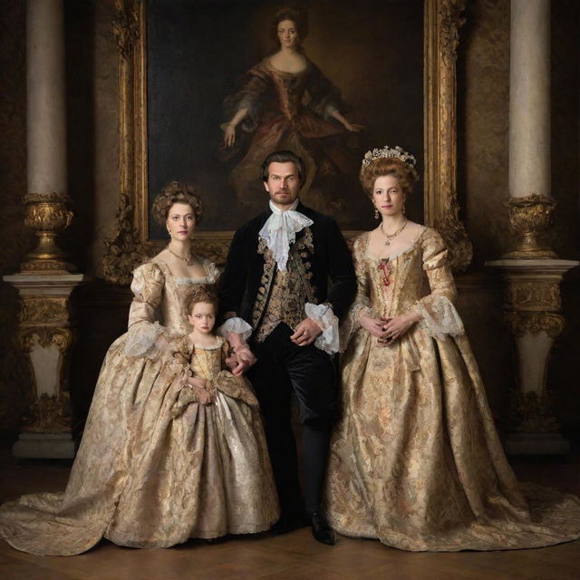 A family portrait in Baroque style, filled with detail and drama. The family, dressed in period attire, are posed and lit in a theatrical manner common to Baroque paintings.