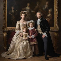 A family portrait in Baroque style, filled with detail and drama. The family, dressed in period attire, are posed and lit in a theatrical manner common to Baroque paintings.