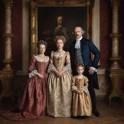 A family portrait in Baroque style, filled with detail and drama. The family, dressed in period attire, are posed and lit in a theatrical manner common to Baroque paintings.