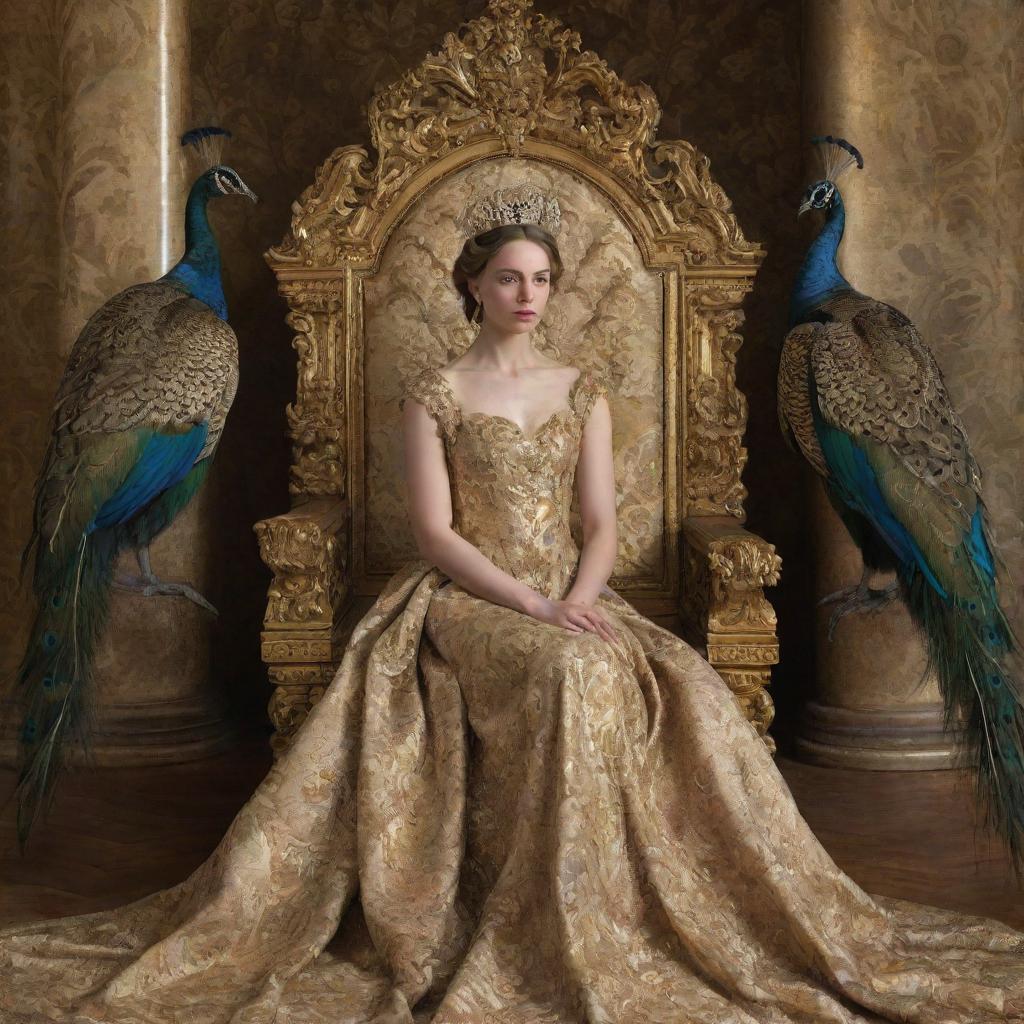 A sorrowful princess seated on a golden throne, accompanied by regal peacocks, depicted in an opulent Baroque-style setting.