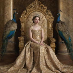 A sorrowful princess seated on a golden throne, accompanied by regal peacocks, depicted in an opulent Baroque-style setting.