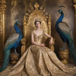 A sorrowful princess seated on a golden throne, accompanied by regal peacocks, depicted in an opulent Baroque-style setting.