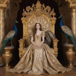 A sorrowful princess seated on a golden throne, accompanied by regal peacocks, depicted in an opulent Baroque-style setting.