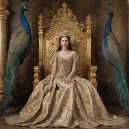 A sorrowful princess seated on a golden throne, accompanied by regal peacocks, depicted in an opulent Baroque-style setting.