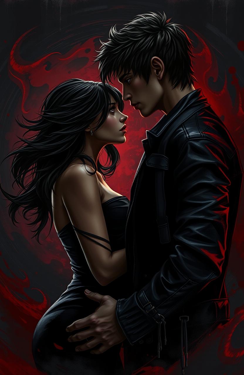 A dark and intense romantic scene depicting an enemies-to-lovers storyline