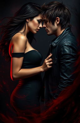 A dark and intense romantic scene depicting an enemies-to-lovers storyline
