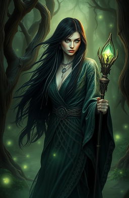 An enchanting and mysterious woman, known as the chosen one of Eldritch, standing in an ancient, dark forest illuminated by a glowing mist