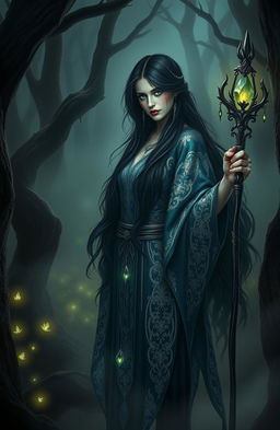An enchanting and mysterious woman, known as the chosen one of Eldritch, standing in an ancient, dark forest illuminated by a glowing mist
