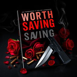 A striking book cover for 'Worth Saving', emphasizing a dark romance theme with an enemies-to-lovers vibe
