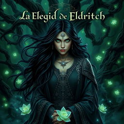 A captivating fantasy book cover for 'La Elegida de Eldritch', featuring a powerful, enigmatic woman at the center