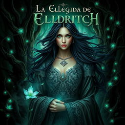 A captivating fantasy book cover for 'La Elegida de Eldritch', featuring a powerful, enigmatic woman at the center