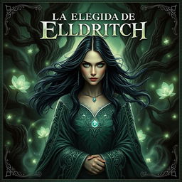 A captivating fantasy book cover for 'La Elegida de Eldritch', featuring a powerful, enigmatic woman at the center