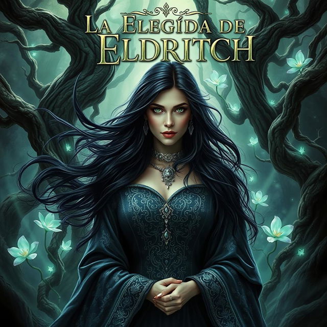 A captivating fantasy book cover for 'La Elegida de Eldritch', featuring a powerful, enigmatic woman at the center