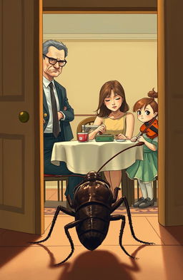 A book cover illustration depicting a scene inside a dining room