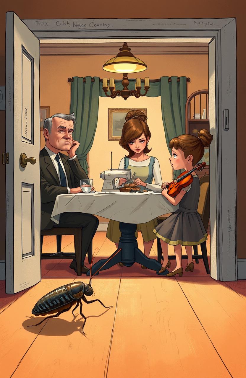 A book cover illustration depicting a scene inside a dining room