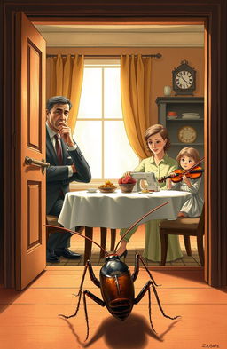 A book cover illustration depicting a scene inside a dining room