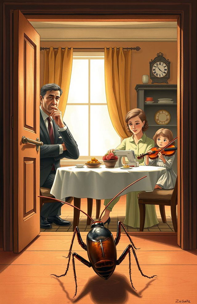 A book cover illustration depicting a scene inside a dining room