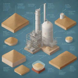 An intricate illustration of the technology used in the production of animal feed yeast, showcasing all stages of the process.