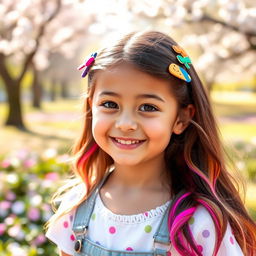 A portrait of a cute girl with a charming smile, adorned with playful accessories like colorful hair clips