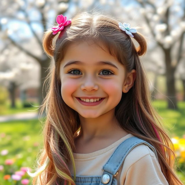 A portrait of a cute girl with a charming smile, adorned with playful accessories like colorful hair clips