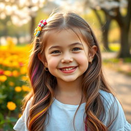 A portrait of a cute girl with a charming smile, adorned with playful accessories like colorful hair clips
