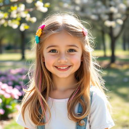 A portrait of a cute girl with a charming smile, adorned with playful accessories like colorful hair clips
