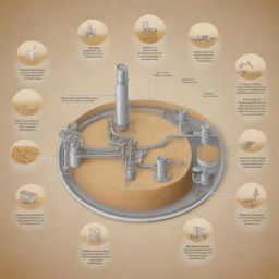 An intricate illustration of the technology used in the production of animal feed yeast, showcasing all stages of the process.