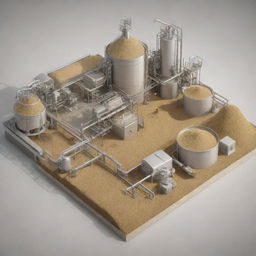 An intricate illustration of the technology used in the production of animal feed yeast, showcasing all stages of the process.