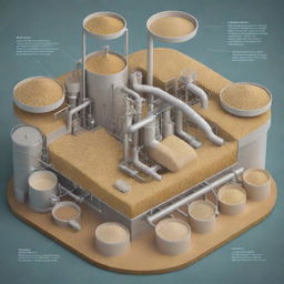 An intricate illustration of the technology used in the production of animal feed yeast, showcasing all stages of the process.