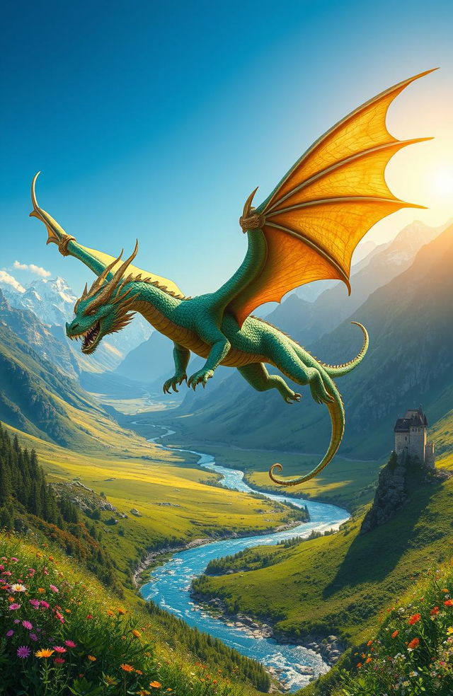 A majestic dragon soaring through a clear blue sky above a lush green valley