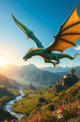A majestic dragon soaring through a clear blue sky above a lush green valley