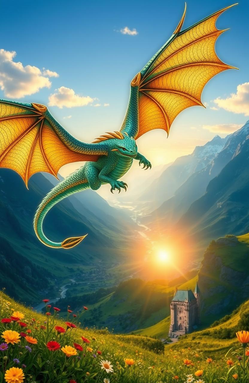 A majestic dragon soaring through a clear blue sky above a lush green valley