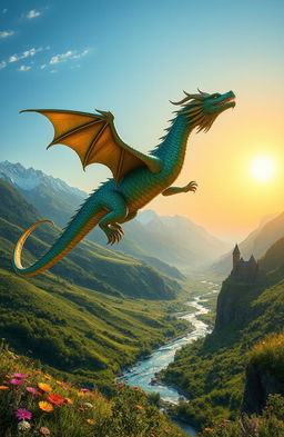 A majestic dragon soaring through a clear blue sky above a lush green valley
