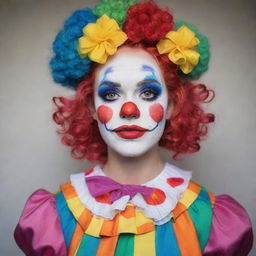 A quirky and colorful clown girl with exaggerated features, whimsical face paint, and a vibrant and eclectic costume.