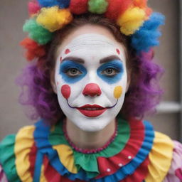 A quirky and colorful clown girl with exaggerated features, whimsical face paint, and a vibrant and eclectic costume.