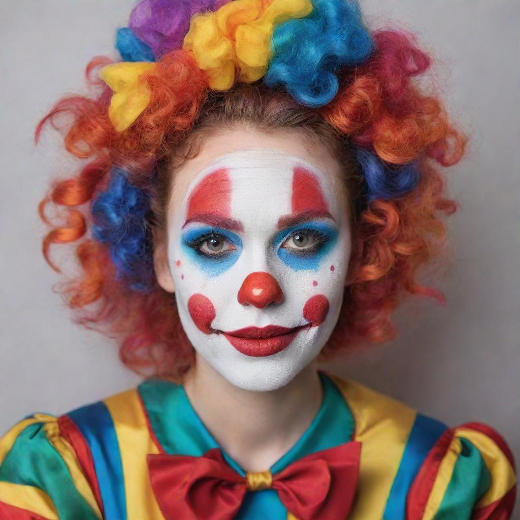 A quirky and colorful clown girl with exaggerated features, whimsical face paint, and a vibrant and eclectic costume.