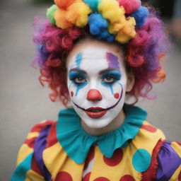 A quirky and colorful clown girl with exaggerated features, whimsical face paint, and a vibrant and eclectic costume.