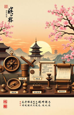 A beautifully detailed depiction of ancient Chinese inventions, showcasing a series of innovative items like the compass, papermaking tools, gunpowder elements, and the printing press in an artistic arrangement