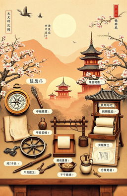 A beautifully detailed depiction of ancient Chinese inventions, showcasing a series of innovative items like the compass, papermaking tools, gunpowder elements, and the printing press in an artistic arrangement