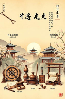 A beautifully detailed depiction of ancient Chinese inventions, showcasing a series of innovative items like the compass, papermaking tools, gunpowder elements, and the printing press in an artistic arrangement