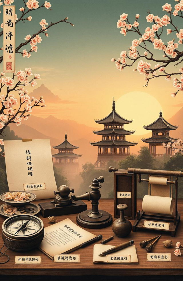 A beautifully detailed depiction of ancient Chinese inventions, showcasing a series of innovative items like the compass, papermaking tools, gunpowder elements, and the printing press in an artistic arrangement