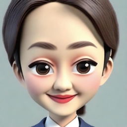 Generate a highly detailed 3D memoji of a Japanese businesswoman, focusing on the intricate details of the eyes and face. Emphasize on animated cartoon style, with a close-up, portrait view of the face and head, excluding the body.