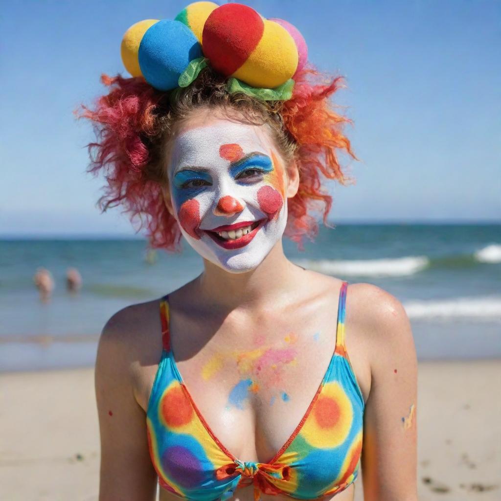 A vibrant clown girl enjoying a sunny day on the beach, wearing a colorful and whimsical bathing suit, with her painted face glistening under the sun.