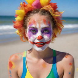 A vibrant clown girl enjoying a sunny day on the beach, wearing a colorful and whimsical bathing suit, with her painted face glistening under the sun.