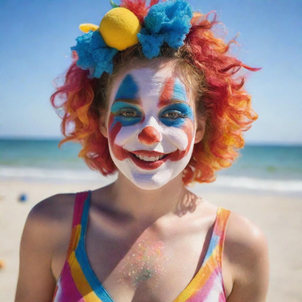 A vibrant clown girl enjoying a sunny day on the beach, wearing a colorful and whimsical bathing suit, with her painted face glistening under the sun.