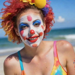 A vibrant clown girl enjoying a sunny day on the beach, wearing a colorful and whimsical bathing suit, with her painted face glistening under the sun.