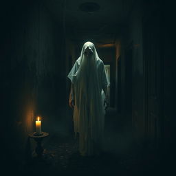 A chilling horror scene in a dark, abandoned house, with an eerie atmosphere filled with ghostly apparitions